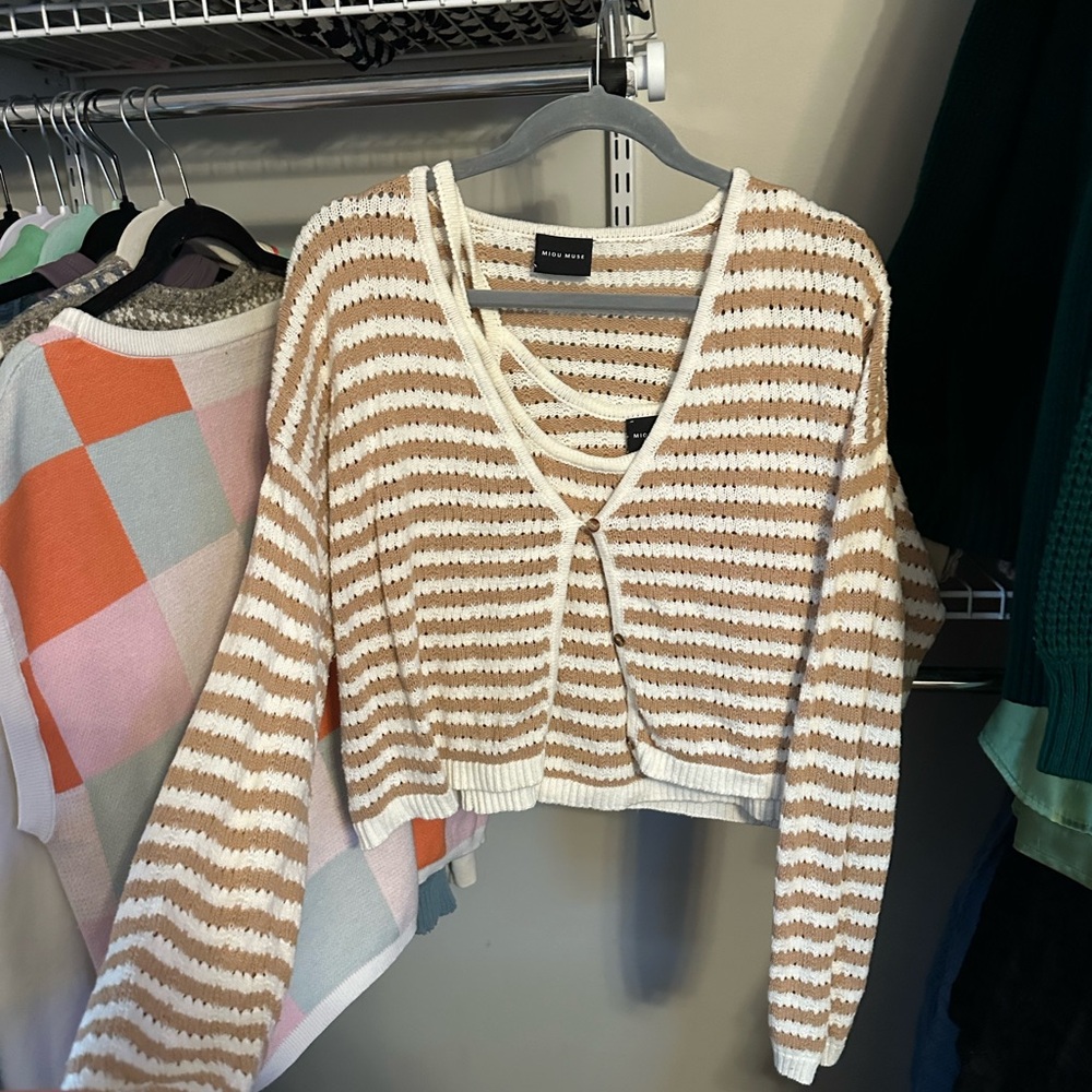 Striped Tan and White Knit Cardigan and tank